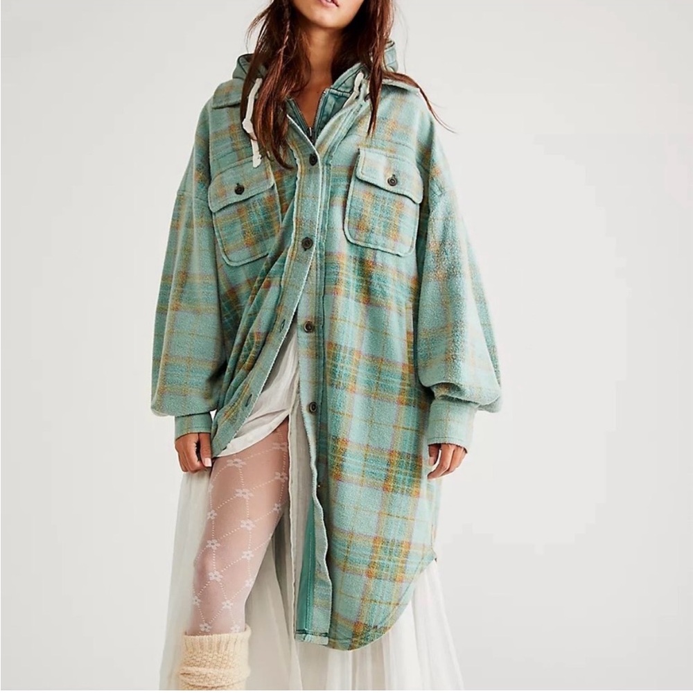 Free People Plaid Long Ruby Jacket Shacket Coat Sage Small Grunge 90s Distressed